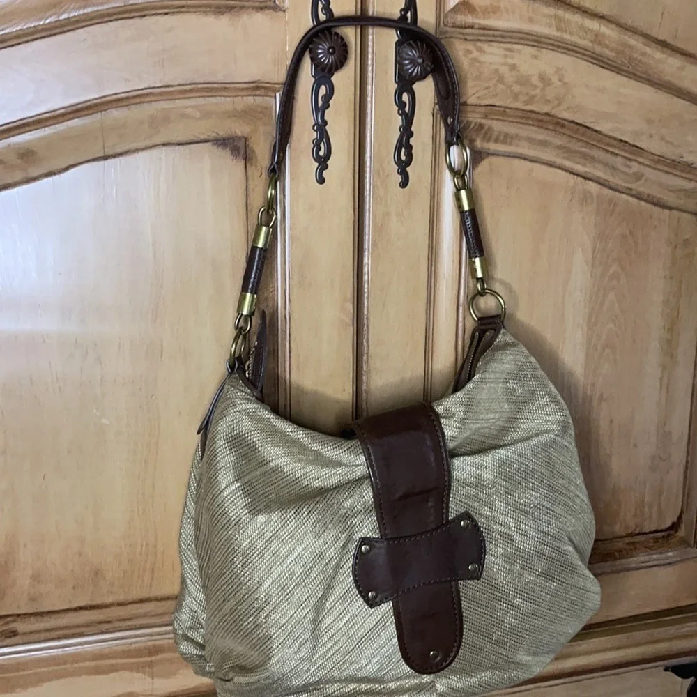 Cole Haan Collection Gold Metallic Woven Leather Hobo Bag Brow Tortoise Turnlock